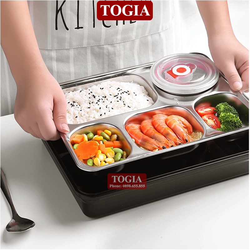 Hộp Cơm Giữ Nhiệt - Khay Đựng Cơm Văn Phòng Chia Ngăn Kèm Bát Ăn Inox Và Thìa Đũa Cao Cấp TOGIA