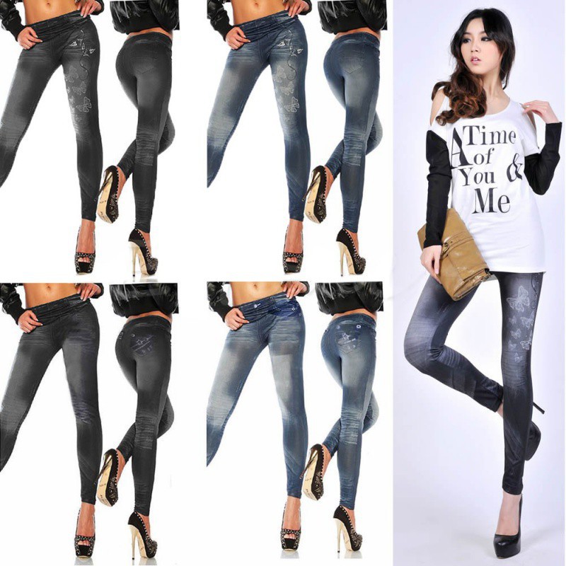 Quần legging giả jean in hình bướm nhiều màu sắc thời trang xinh xắn cho nữ