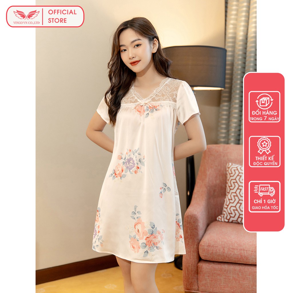 VINGO Váy Ngủ Mặc Nhà Nữ Lụa Pháp Cao Cấp Phối Ren Trắng Tay Cộc Họa Tiết Chùm Hoa Hồng Quyến Rũ Gợi Cảm N290 VNGO - HÀN