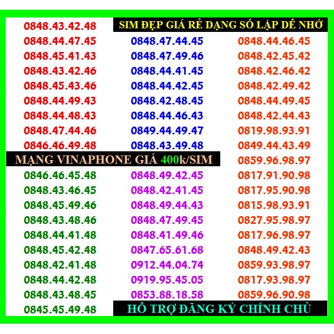 Số đẹp VINA Giá Rẻ Dạng Lặp Dễ Nhớ Đồng giá 400k Miễn Phí Đăng ký Chính Chủ Hưởng Nhiều Gói Khuyến Mãi Của Vinaphone