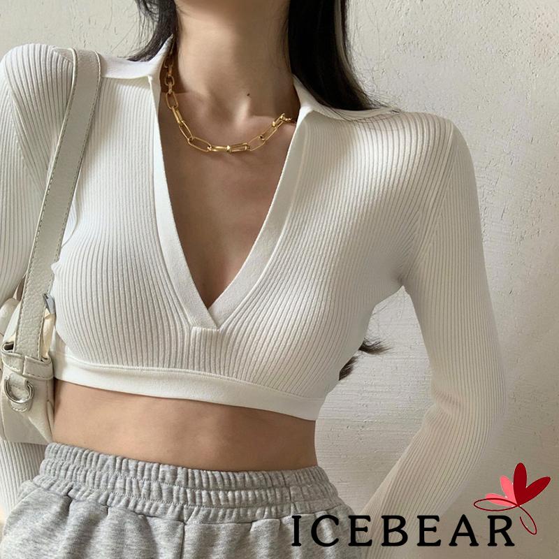 Áo Croptop Dệt Kim Tay Dài Cổ Chữ V Khoét Sâu Màu Trơn Thắt Nơ Sau Lưng Thời Trang Cho Nữ