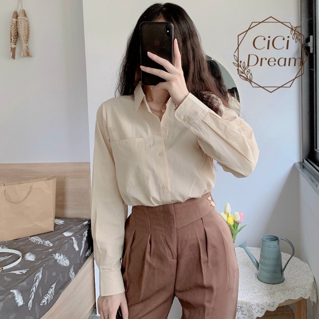 Áo sơ mi nữ trơn tay dài cổ đức dáng rộng đuôi tôm chất thô lụa, áo sơ nữ form rộng đuôi tôm trơn dài tay công sở