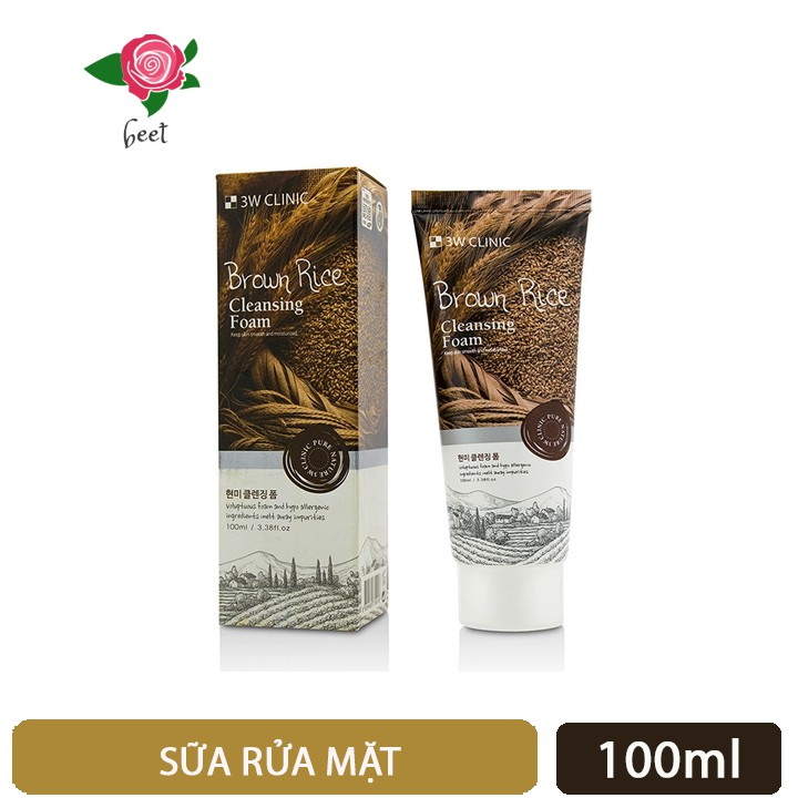 Sữa rửa mặt Hàn Quốc 3W Clinic Brown Rice Foam Cleansing 100ml chiết xuất từ gạo và trà xanh loại bỏ bã nhờn và sạch da