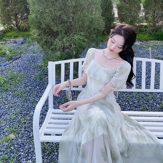 Đầm Dài Cổ Vuông Tay Ngắn Chất Liệu Chiffon Màu Xanh Lá In Họa Tiết Hoa Thời Trang Mùa Hè Cho Nữ