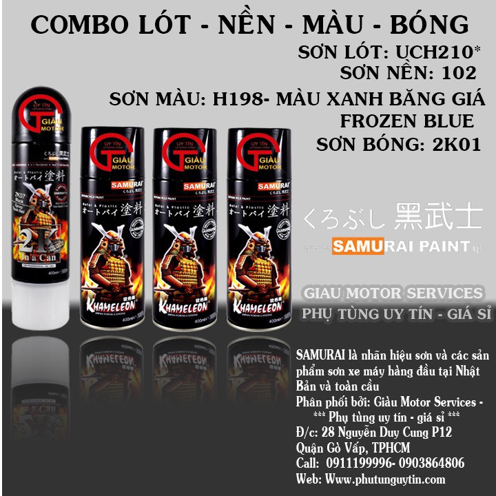 H198 - BỘ SƠN XỊT SAMURAI LÓT 1TP UCH210 NỀN TRẮNG 102 MÀU XANH NHẠT H198 BÓNG 2K01_ MÀU XANH BĂNG GIÁ_FROZEN BLUE