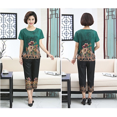 Bộ đồ trung niên nữ chất lụa đẹp B58, quần áo ngủ mặc nhà thời trang mùa hè cao cấp sang trọng cho mẹ, bà người lớn tuổi