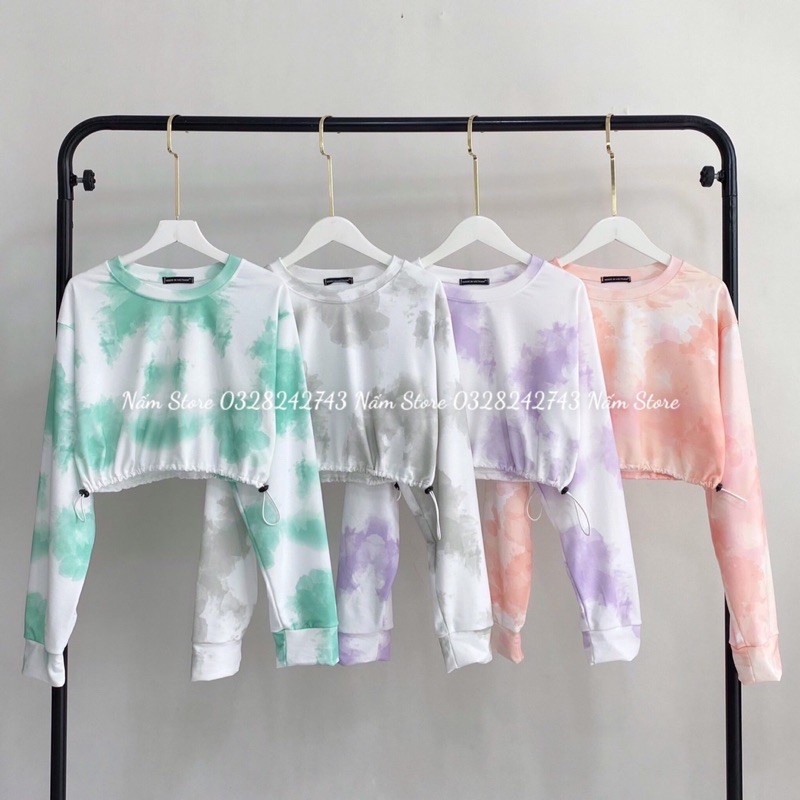 (Video + Ảnh thật) Áo croptop loang màu tay dài rút eo dáng rộng unisex đủ màu - Croptop Tie Dye dây rút 2 bên hông