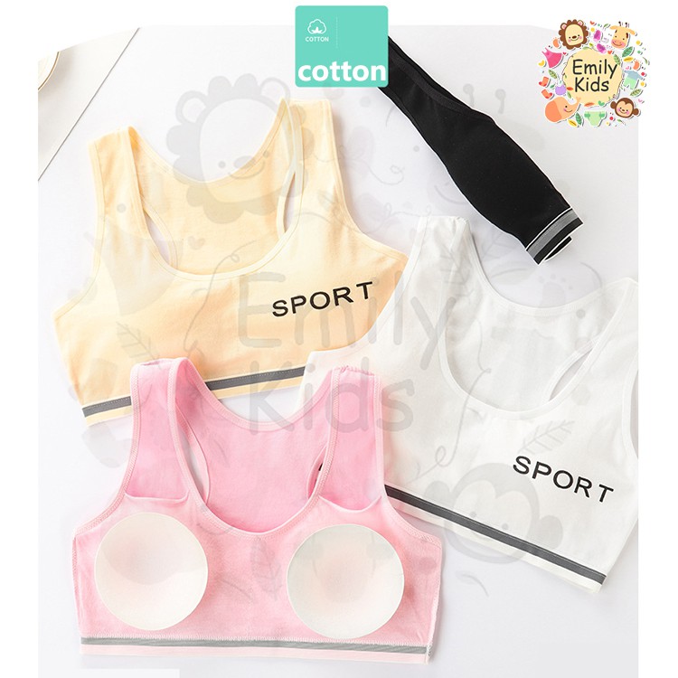 Áo Ngực Thể Thao Cotton Thoáng Khí Màu Trơn In Chữ Cho Nữ 8-16 Tuổi