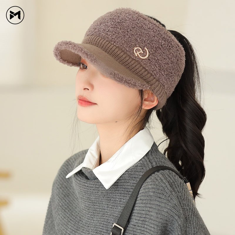 Mũ Lưỡi Trai Dệt Kim Phối Lông Thỏ Co Giãn Giữ Ấm Phong Cách Hàn Quốc Thời Trang Cho Nữ