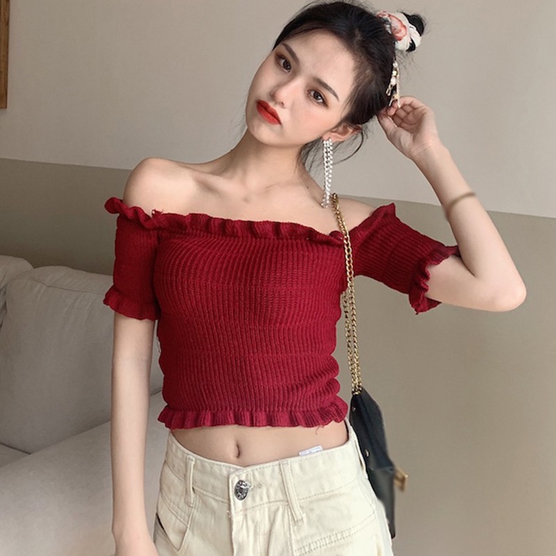 Áo Thun Dệt Kim Dáng Ôm Màu Trơn Phong Cách Hàn Quốc Cho Nữ