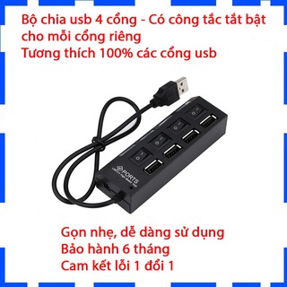 Cổng chia USB 4 cổng - Màu đen - Có công tắc - Bảo hành 6 tháng