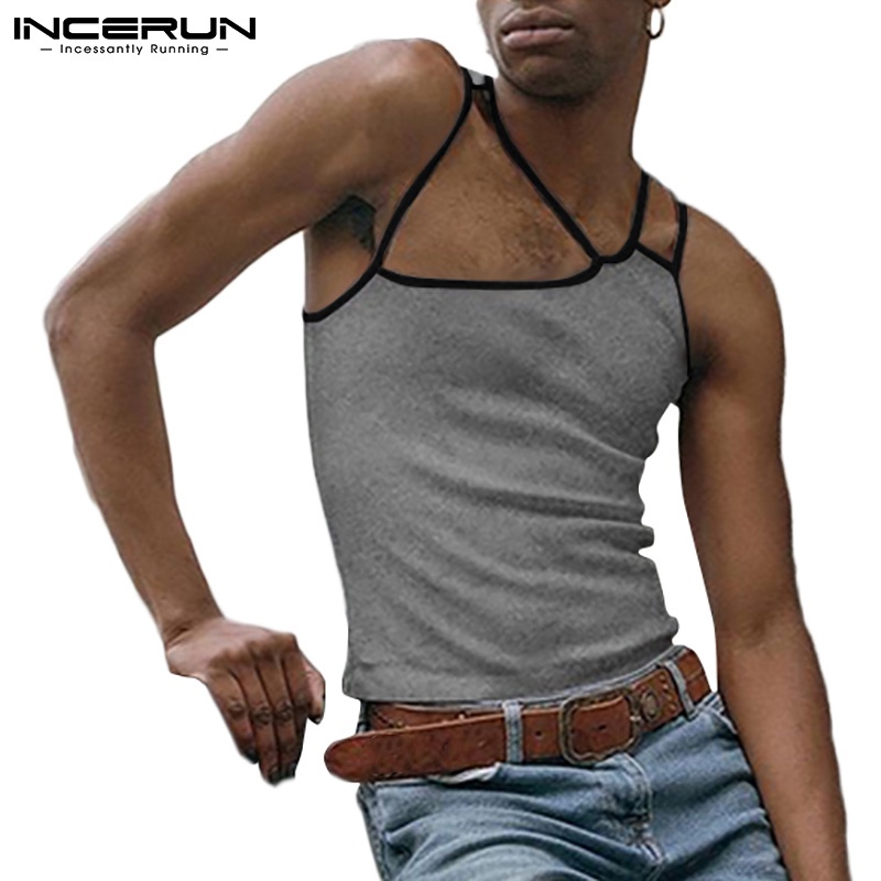 Áo ba lỗ nam INCERUN co giãn màu trơn khoét lỗ không tay kiểu cách