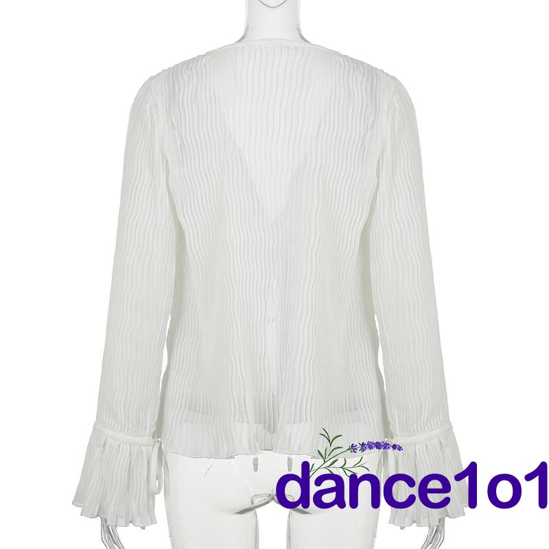 ♥DJ❥Women Long Sleeve Deep V Neck Solid Color Tops