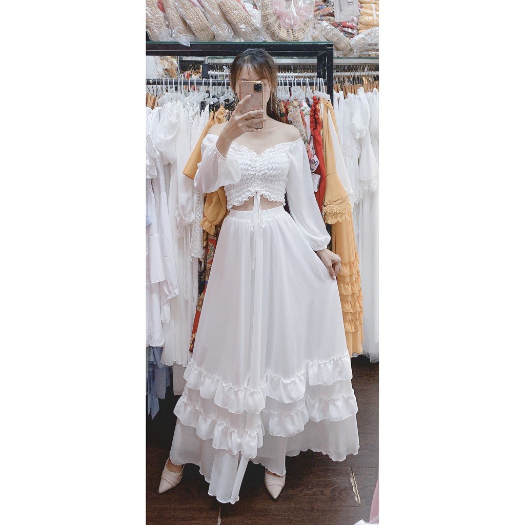 Set maxi áo nhún thun vàng kèm chân váy tầng trắng cực dễ thương - Hình thật 100%