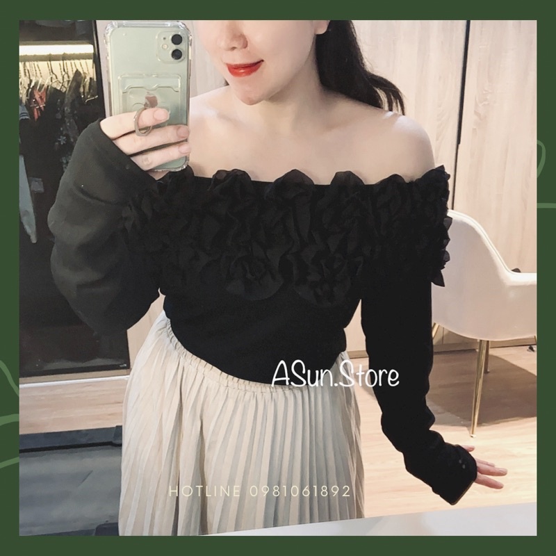 Áo trễ vai bèo loại 1💋FREESHIP💋ẢNH THẬT💋 áo bẹt vai hở vai len tăm cổ voan hoa hồng đen thiết kế