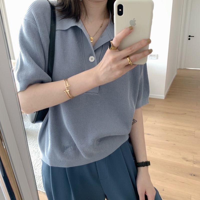 Áo Thun polo Ngắn Tay Vải Lụa Lạnh Mỏng Dáng Rộng Phong Cách Hàn Quốc Thời Trang Mới 2022