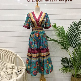 (CÓ SẴN) Váy boho ánh xanh cổ V
