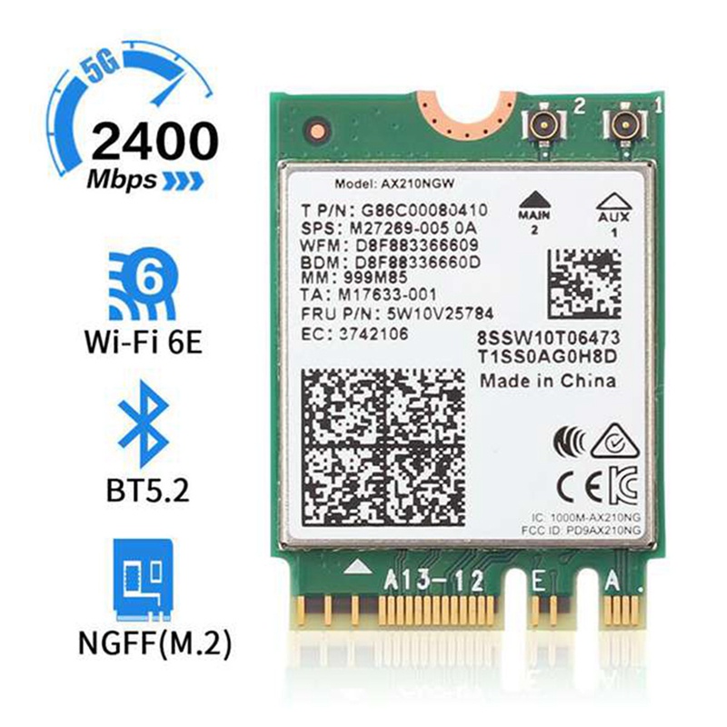 Thẻ Wifi 6E Bluetooth 5.2 Cho Intel AX210 Băng Tần Kép 3000Mbps M.2 AX210NGW 2.4G / 5G 802.11Ax Kèm Ăng Ten IPEX