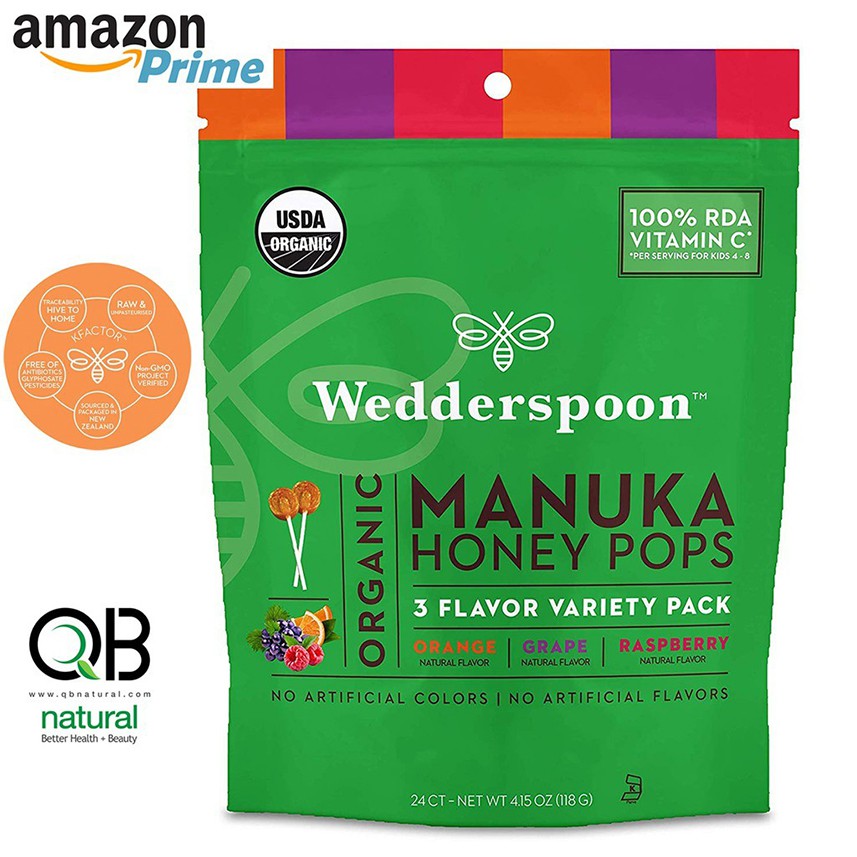 USA ✅Kẹo mút mật ong Manuka Hữu Cơ cho bé - Wedderspoon Organic Manuka Honey Pops For Kids - Top bán chạy tại Mỹ