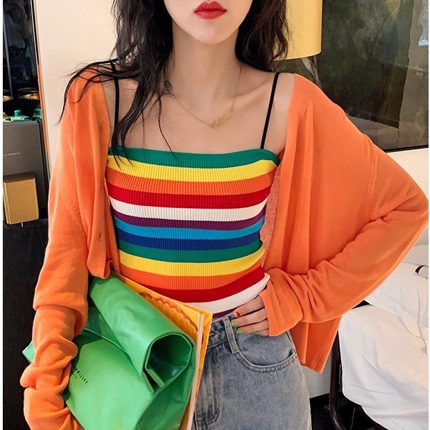 Jiashucheng Áo Không Tay Kẻ Sọc Cầu Vồng Màu Sắc Tương Phản Phong Cách Mới Mùa Hè Cho Nữ