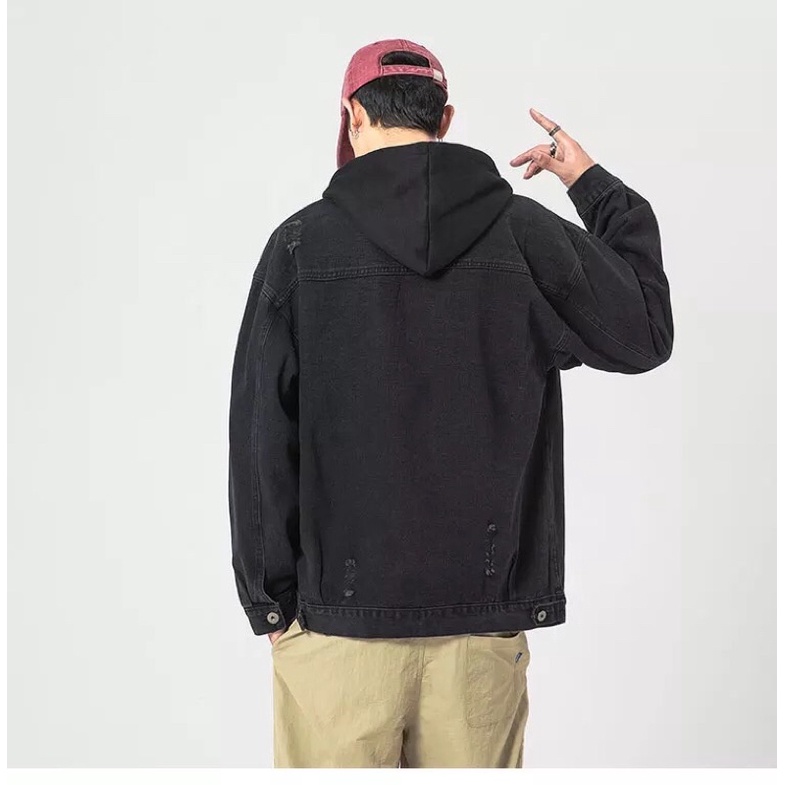 Áo khoác jean đen phối nón nỉ 2 lớp, áo bò phối rách,thời trang unisex from rộng.