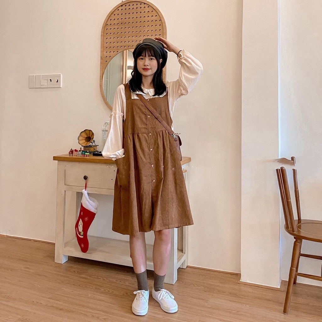 Set yếm nhung vintage dáng babydoll kèm áo cổ sen, Đầm yếm nhung Ulzzang
