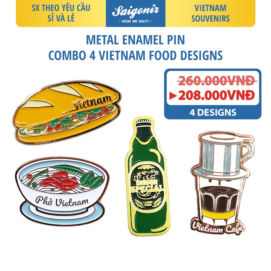 ✿♗♙Combo 4 Pin Cài Áo Đồ Ăn Saigonir - Huy Hiệu Ghim Áo, Mũ, Balo, Túi Xách Vietnam Souvenir -Quà Lưu Niệm Việt Nam