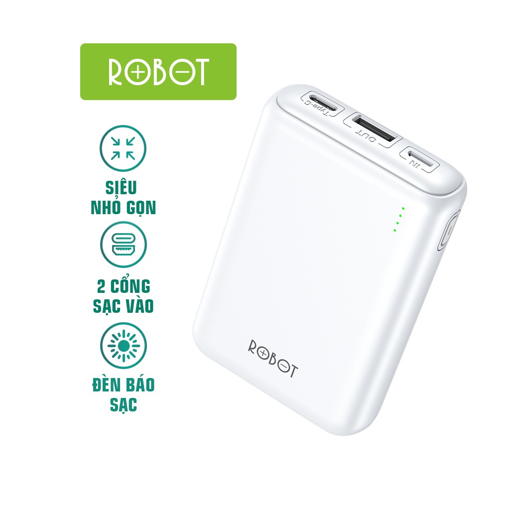 Pin Sạc Dự Phòng 10.000 mAh Super Mini ROBOT RT10 - 2 Cổng Sạc Vào & 1 Cổng Sạc Ra - Bảo Hành 12 Tháng