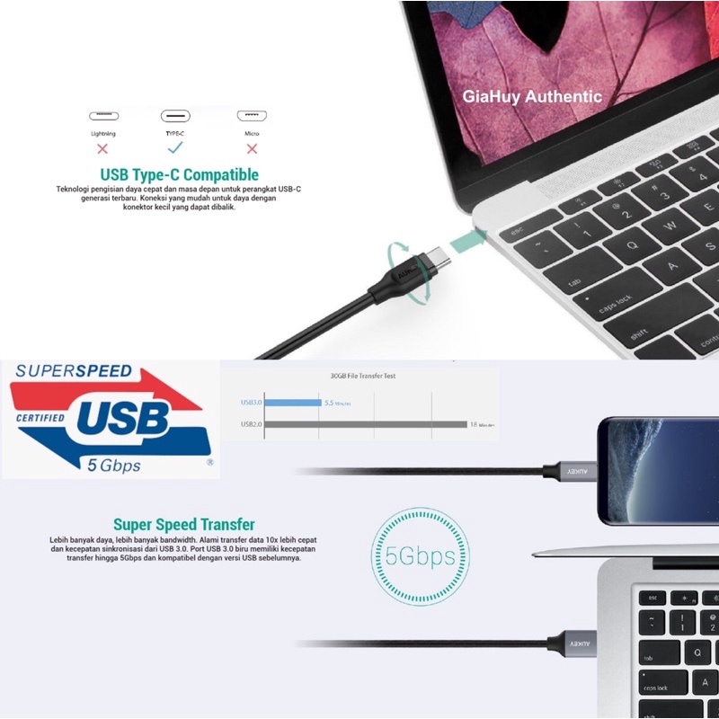 Cáp sạc nhanh AUKEY CB-CMD2 USB-A to USB-C QC 3.0 18W chuẩn USB 3.0 5Gbps