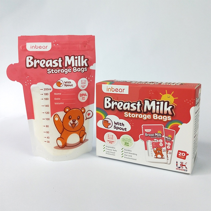 Túi Trữ Sữa Inbear 200ml - Hộp 20 Túi, Khóa Zip Chắc Chắn, Vòi Rót Siêu Tiện Lợi, An Toàn Đựng Sữa
