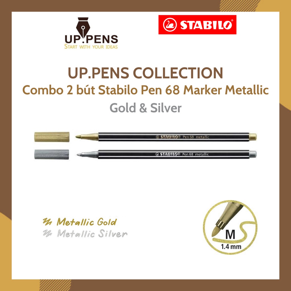 Combo 2 bút lông nhũ Stabilo Pen 68 Metallic Marker - 1.4 mm - Gold &amp; Silver