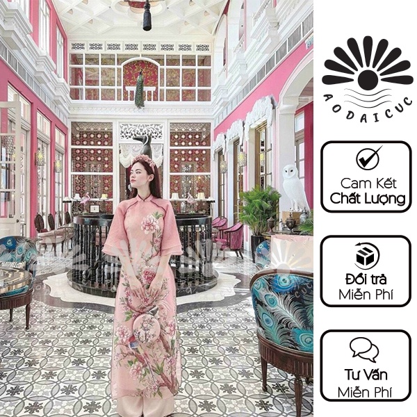 💕 Áo dài cách tân von tơ ogana 4 tà thiết kế hoa mẫu đơn đẹp sang chảnh