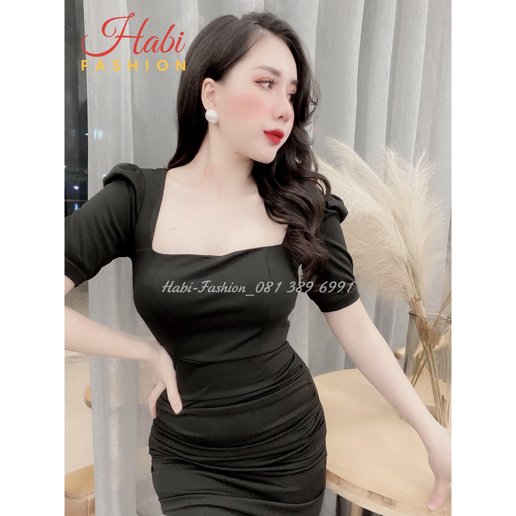 Váy body nữ, váy đầm body dự tiệc xếp nhún giấu bụng cổ vuông sang chảnh đã có mút ngực