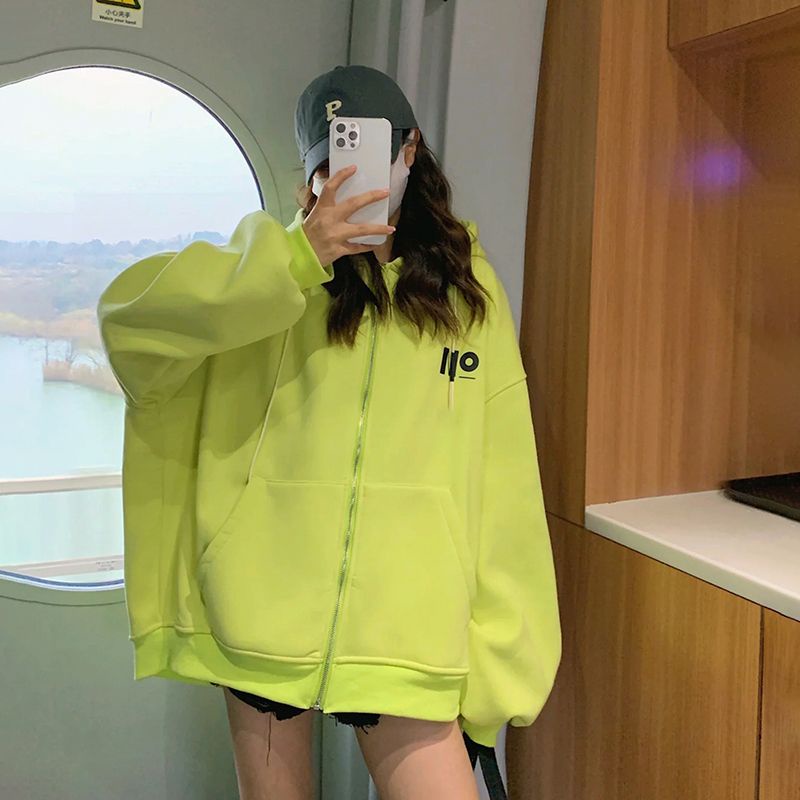 Áo Hoodie Dáng Rộng Màu Xanh Lá Dạ Quang Phong Cách Thời Trang Thu Đông Mới