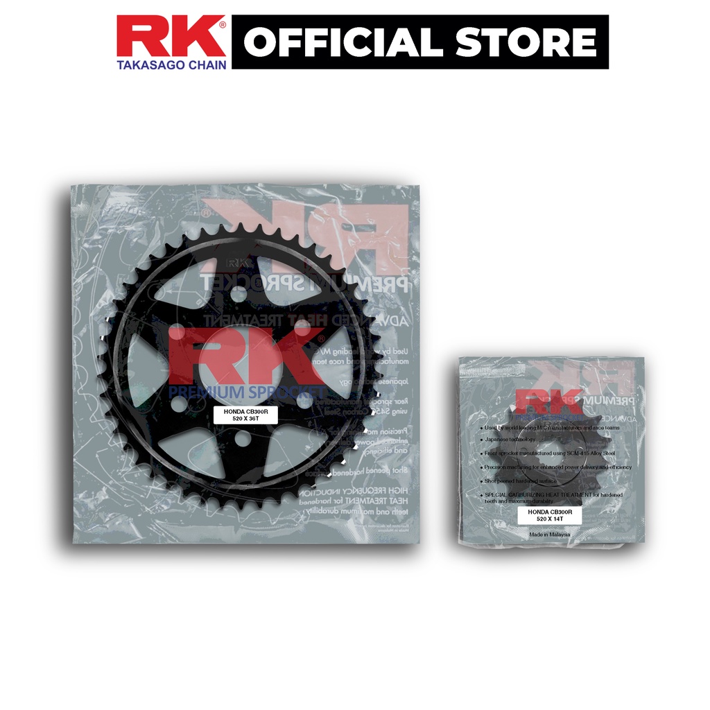 Nhông Dĩa RK Takasago chain cho xe phân khối lớn Honda CB300R, chất liệu: Thép mạ màu đen, độ dày Nhông Dĩa: 520