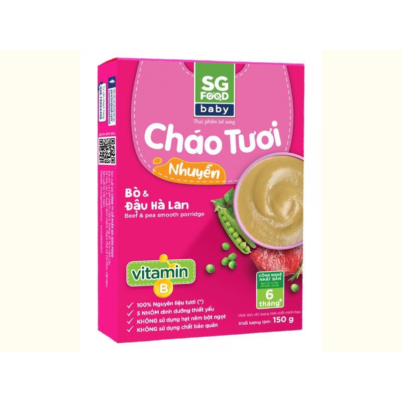 Cháo tươi nhuyễn baby SG FOOD cho trẻ từ 6 tháng cung cấp vitamin B, DHA
