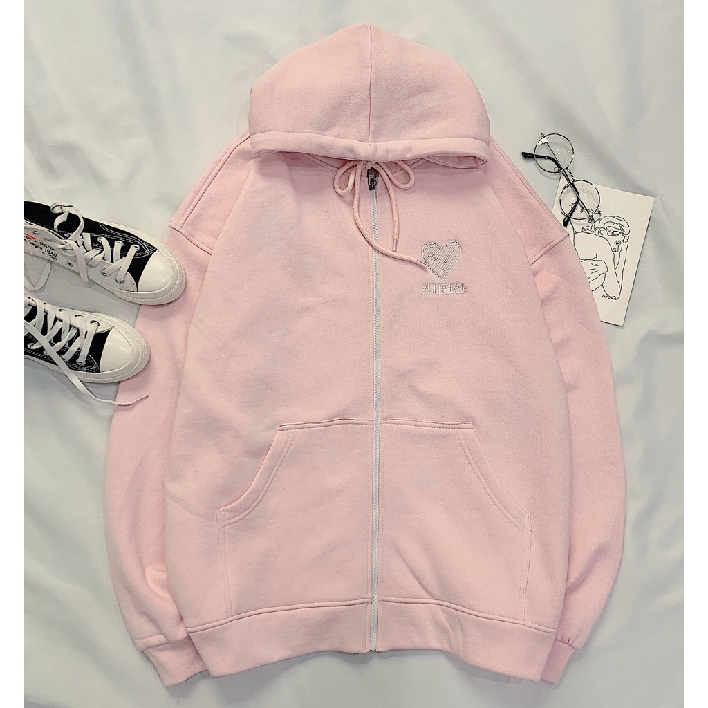 Áo khoác hoodie nỉ dây kéo form rộng HEART Ulzzang (ẢNH THẬT)