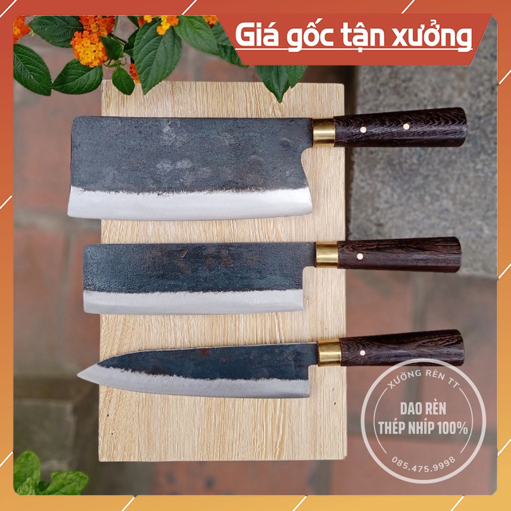 Bộ 3 Dao Nhà Bếp, Thép Nhíp Chuẩn - Rèn Thủ Công, Cán Gỗ Mun, Dao Chặt, Thái, Lọc