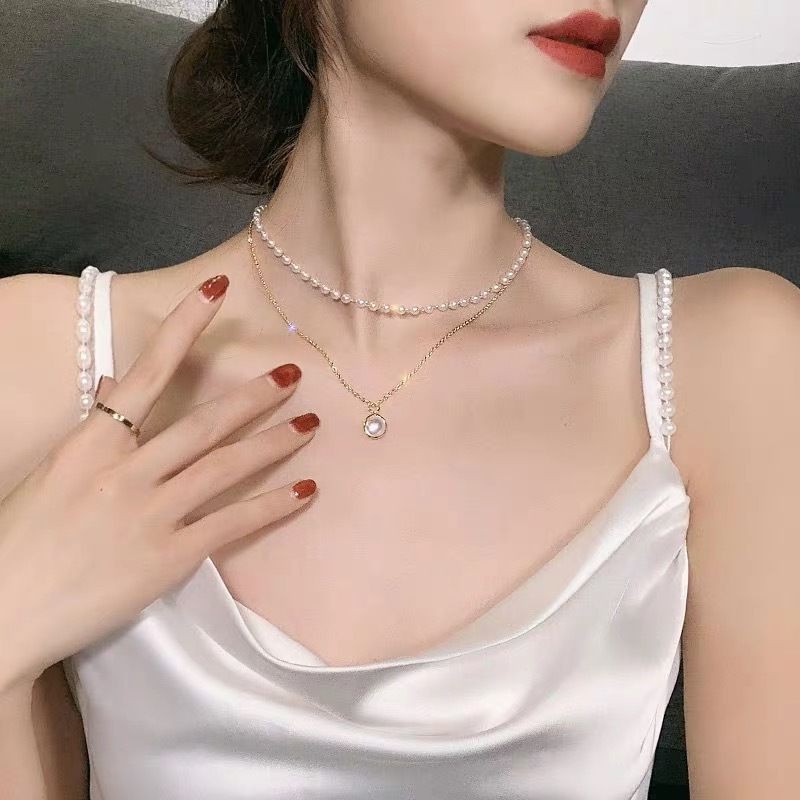 Vòng cổ nữ - Chocker 2 lớp đính đá ngọc trai nhân tạo phong cách hiện đại cá tính