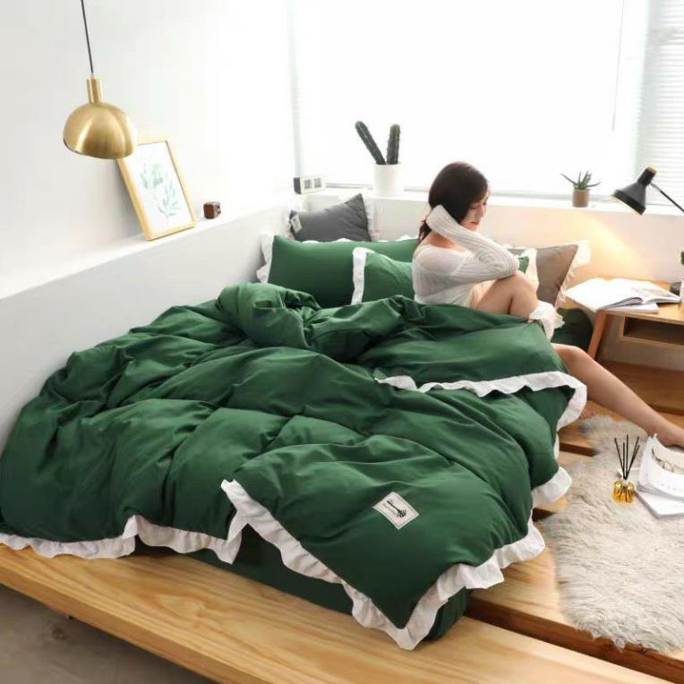 Bộ chăn ga gối cotton tici phối viền bèo xinh xắn, chất cotton thoáng mát không phai màu, không xù, miễn phí bo chun