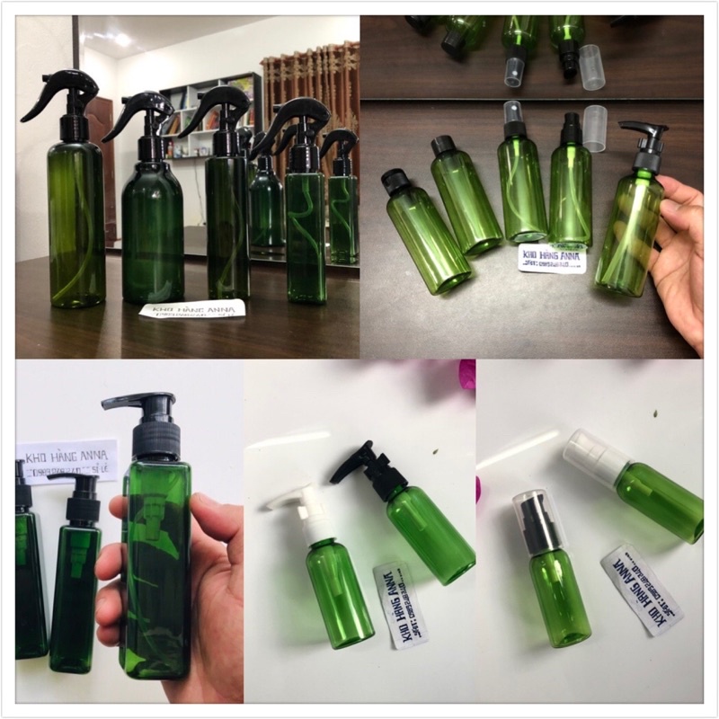 [ Chai lọ hủ nhựa ] Chai nhựa 30ml/ 50ml/ 100ml/ 300ml xanh lá- chai vuông nhựa pet xịt sương/ giọt/ bóp xịt / nắp bật