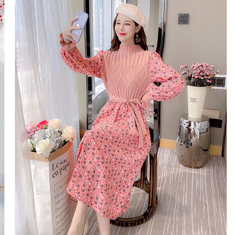 Autumn and winter Korean style stitching long knitted thin skirt fashion floral knitted dress