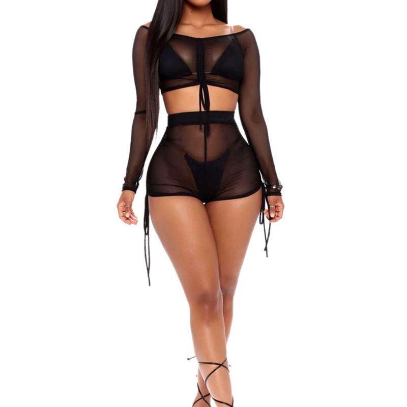 Set Đồ 2 Món Áo Tay Dài Cổ Chữ V Khoét Sâu Phối Quần Short Thời Trang Quyến Rũ Cho Nữ