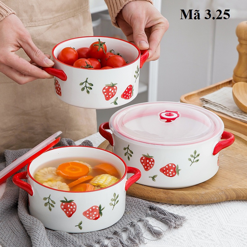 Bát đĩa sứ họa tiết dâu tây đỏ, phụ kiện bàn ăn bằng sứ vẽ tay 3.25