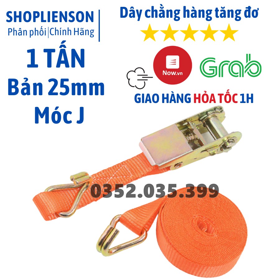 Dây cảo chằng hàng tăng đơ bản 25mm, Có Móc J, dài 1m-8m, tải trọng 1 tấn, chất liệu 100% Polyeter cường lực siêu bền