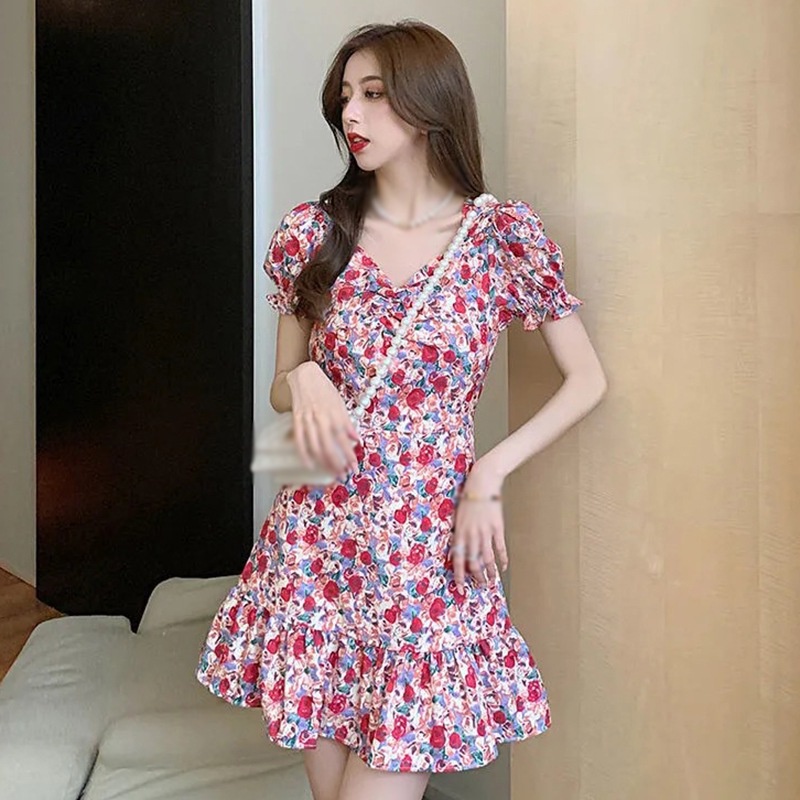 Váy body Tay Ngắn Cổ Vuông In Họa Tiết Hoa Quyến Rũ Phong Cách Hàn Quốc Dành Cho Nữ