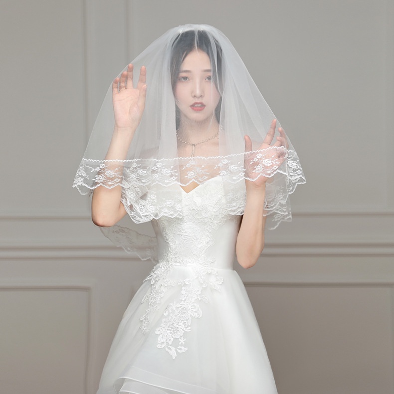 Khăn trùm đầu hai lớp phối ren có lược cài tóc cho cô dâu