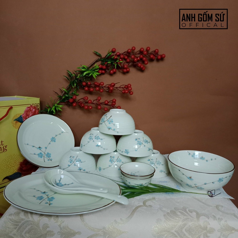 Bộ bát đĩa sứ Bát Tràng, bộ chén dĩa men kem họa tiết đào xanh cao cấp 13 chi tiết, bán lẻ các món