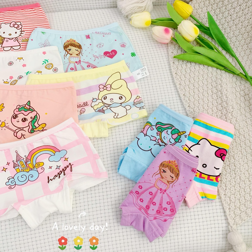 Quần chip bé gái, quần lót đùi trẻ em cotton cao cấp mềm mịn họa tiết công chúa, mickey, hellokitty, pony