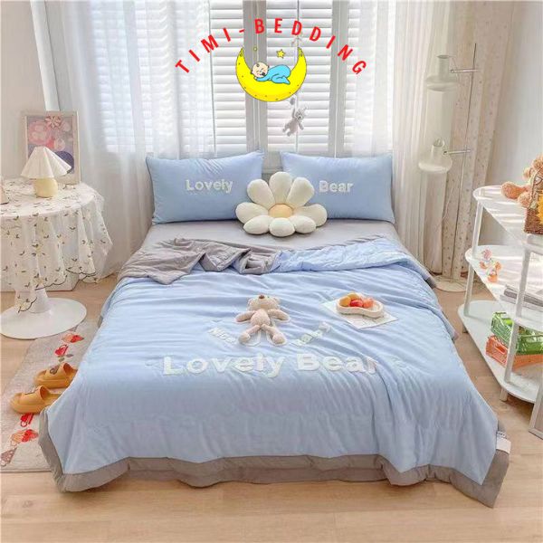 Bộ chăn ga đũi hè thêu gấu thoáng mát, xinh xắn – chăn đũi hè - Timibedding